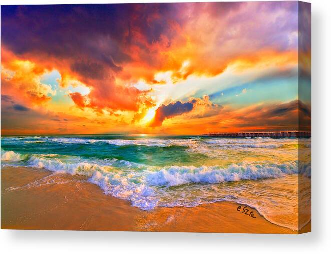 Sunset Canvas Print featuring the photograph Red Orange Beach Sunset #3 by Eszra Tanner