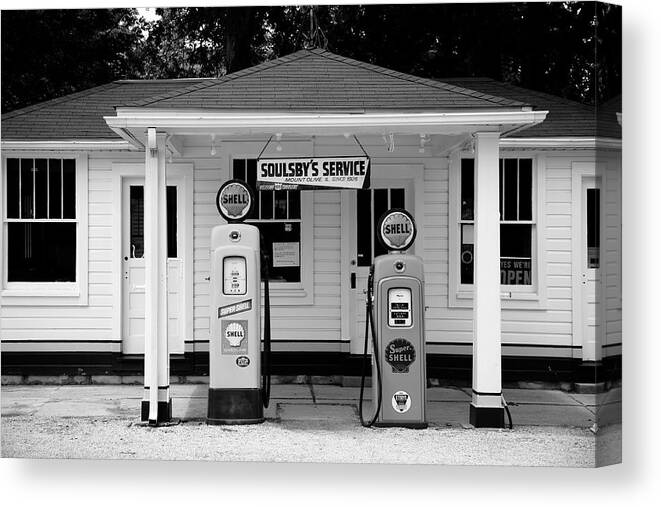 66 Canvas Print featuring the photograph Route 66 - Soulsby Station Pumps 2012 BW by Frank Romeo