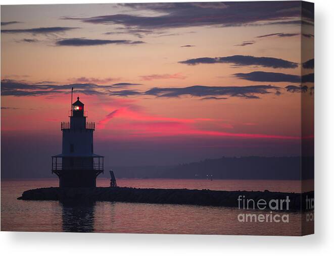 Lighthouse; Spring Point Lighthouse; Sunrise; Maine; Morning; Vibrant Color; Beacon; Beautiful; Ocean; Casco Bay; Clouds; Water Canvas Print featuring the photograph Sunrise at Spring Point Lighthouse #1 by Diane Diederich