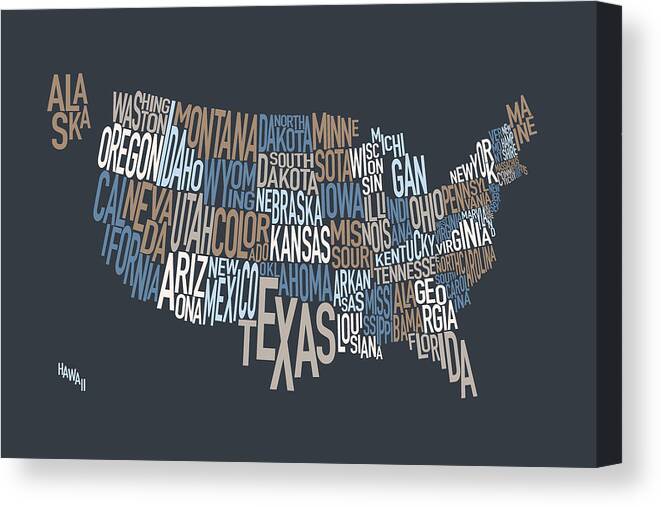 Usa Map Canvas Print featuring the digital art United States Text Map #3 by Michael Tompsett