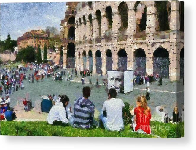 Colosseum Canvas Print featuring the painting Outside Colosseum in Rome #3 by George Atsametakis