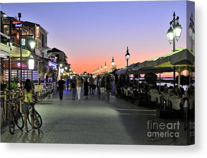 Lefkada; Lefkas; City; Town; People; Tourists; Dusk; Sunset Canvas Print featuring the photograph Sunset in Lefkada island #5 by George Atsametakis