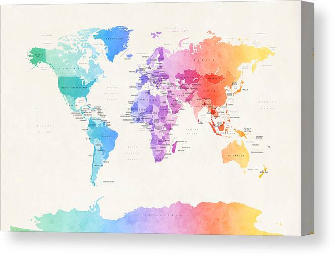 World Map Canvas Print featuring the digital art Watercolour Political Map of the World by Michael Tompsett