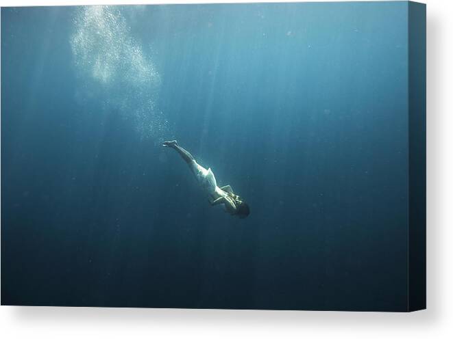 Tranquility Canvas Print featuring the photograph Woman Swimming With Whale Shark #4 by Tyler Stableford