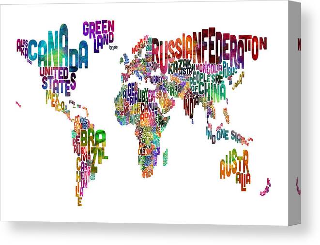 Map Of The World Canvas Print featuring the digital art Text Map of the World #9 by Michael Tompsett