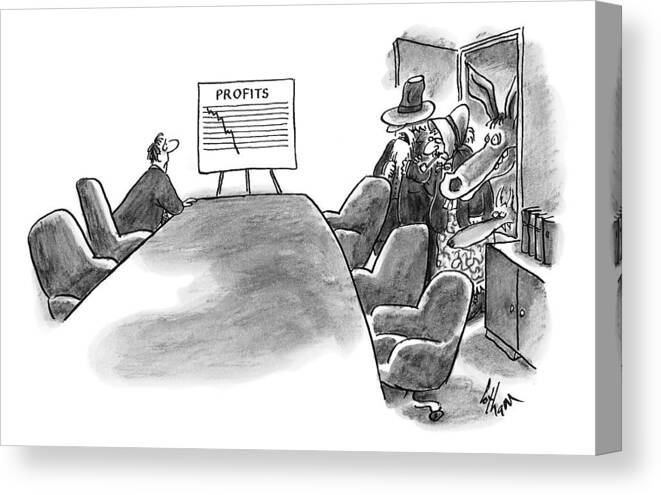 Meetings Canvas Print featuring the drawing A Man Is Seen Sitting In An Empty Meeting Room by Frank Cotham
