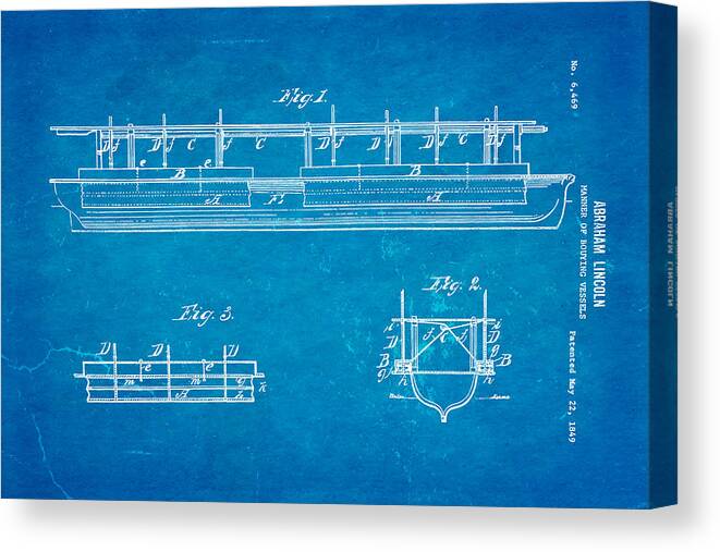 Famous Canvas Print featuring the photograph Abraham Lincoln Buoyancy Patent Art 1849 Blueprint by Ian Monk