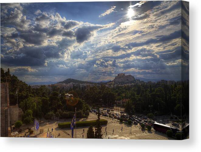 Acropolis Canvas Print featuring the photograph Acropolis from the Kallimarmaro by Micah Goff