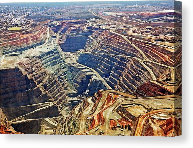 Extreme Terrain Canvas Print featuring the photograph Aerial View , Kalgoorlie Super Pit Gold by John W Banagan