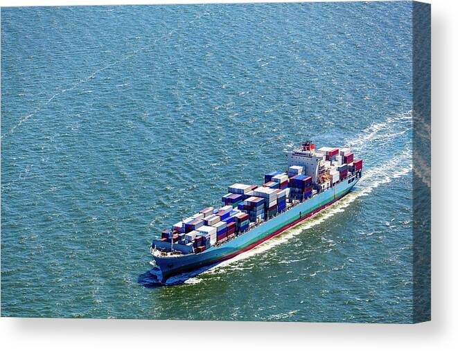 Trading Canvas Print featuring the photograph Aerial View Of A Container Ship by Opla