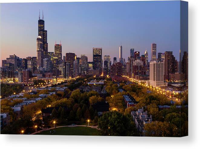 Scenics Canvas Print featuring the photograph Aerial View Of Chicago At Dusk by Chrisp0