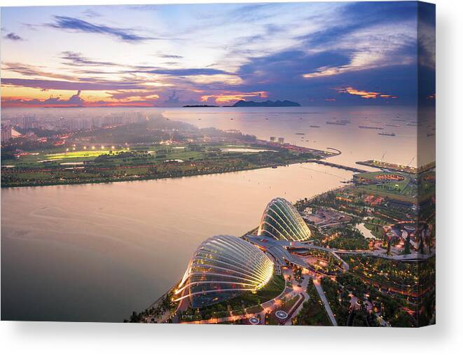 Downtown District Canvas Print featuring the photograph Aerial View Of Singapore With Sunset by Loveguli