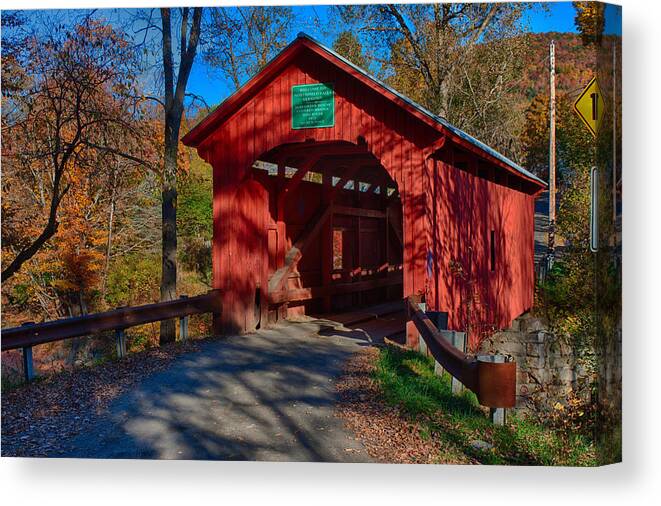 Autumn Foliage New England Canvas Print featuring the photograph Afternoon Sun On Covered Bridge by Jeff Folger