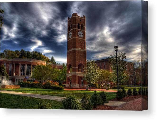 Western Carolina University Canvas Print featuring the photograph Alumni Tower-WCU by Greg and Chrystal Mimbs