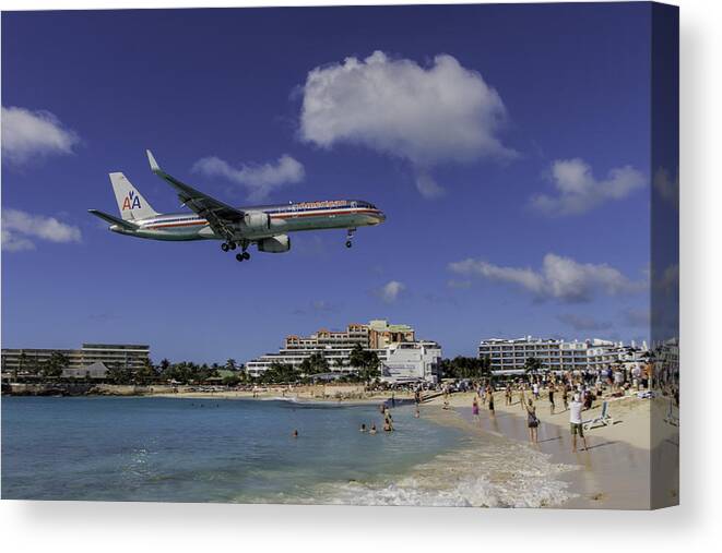 American Airlines Canvas Print featuring the photograph American Airlines at St. Maarten by David Gleeson