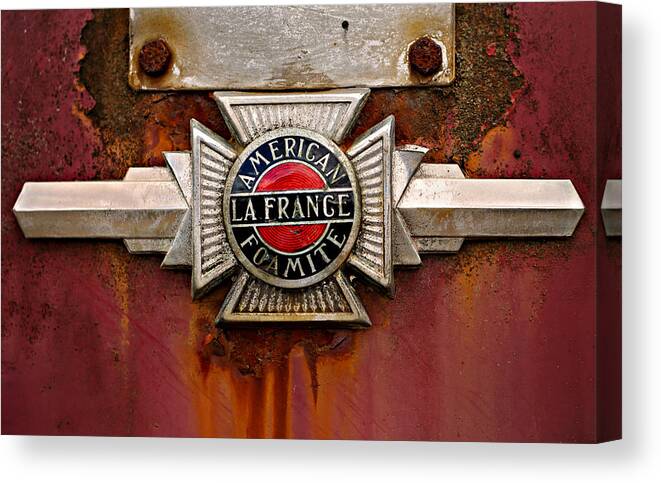 Fire Truck Canvas Print featuring the photograph American LaFrance Foamite Badge by Mary Jo Allen