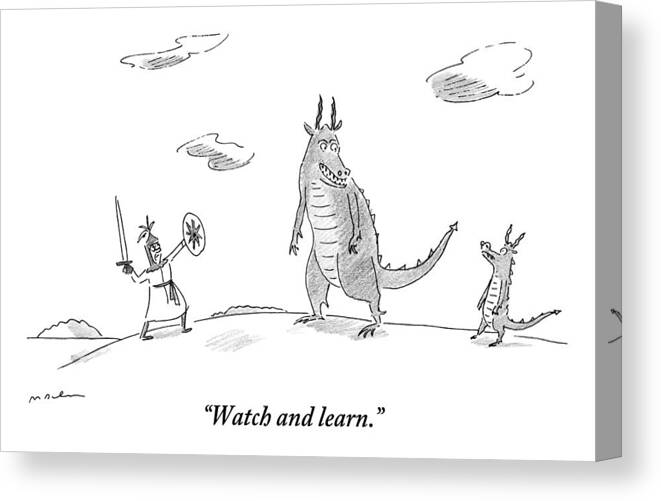 Dragons Canvas Print featuring the drawing An Adult Dragon Instructs His Child Dragon by Michael Maslin