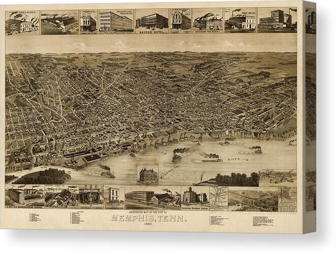 Memphis Canvas Print featuring the drawing Antique Map of Memphis Tennessee by H. Wellge - 1887 by Blue Monocle