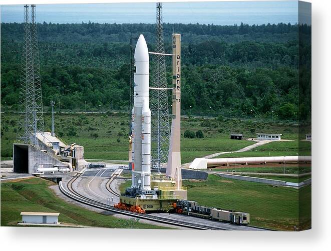 Ariane 5 Canvas Print featuring the photograph Ariane 5 Transportation by Patrick Landmann/science Photo Library