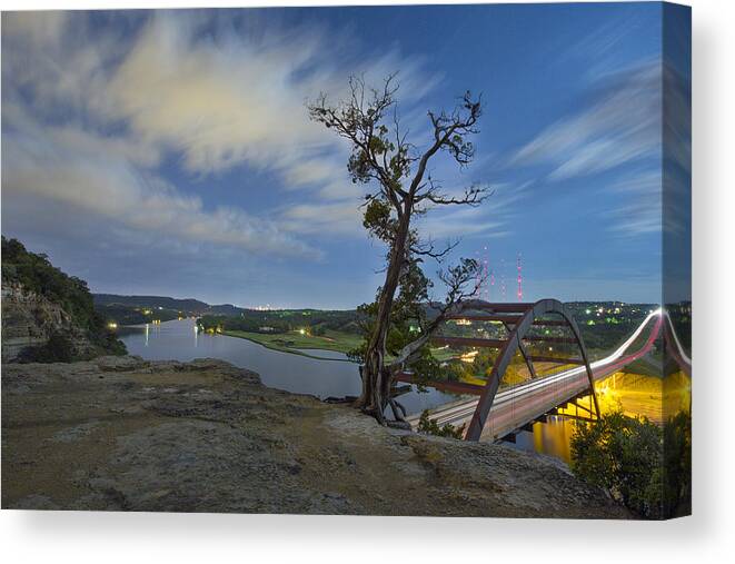 Austin Skyline Images Canvas Print featuring the photograph Austin Texas Images - The 360 Bridge and the Austin Skyline Unde by Rob Greebon