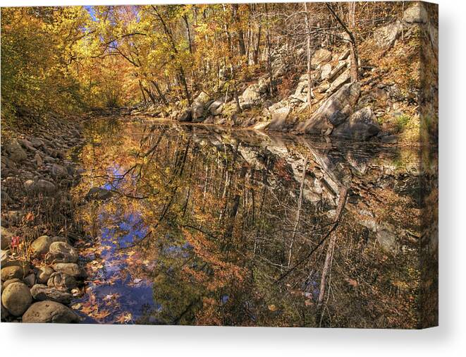 Autumn Canvas Print featuring the photograph Autumn Reflections on Big Shoal Creek - Arkansas by Jason Politte