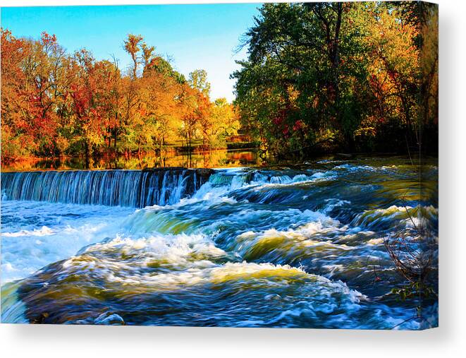 Amazing Autumn Flowing Waterfalls On The Tennessee Stones River Canvas Print featuring the photograph Amazing Autumn Flowing Waterfalls On The River by Jerry Cowart
