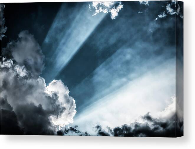 Outdoors Canvas Print featuring the photograph Awe Sunbeans Shining Through Cloudscape by Assalve