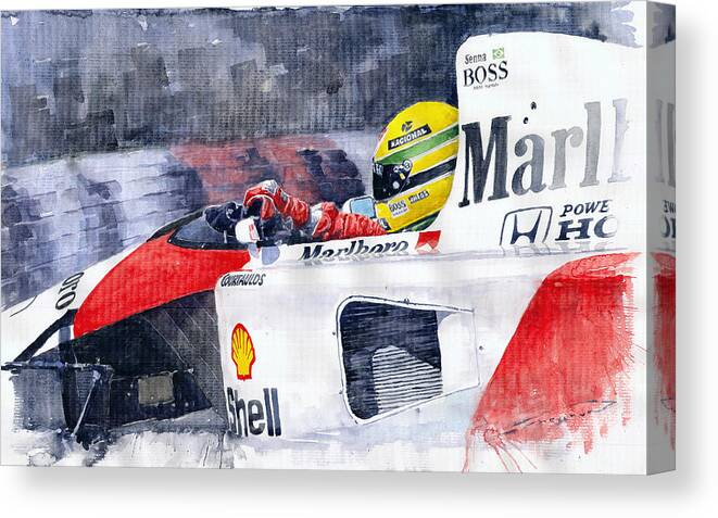 Watercolor Canvas Print featuring the painting Ayrton Senna McLaren 1991 Hungarian GP by Yuriy Shevchuk