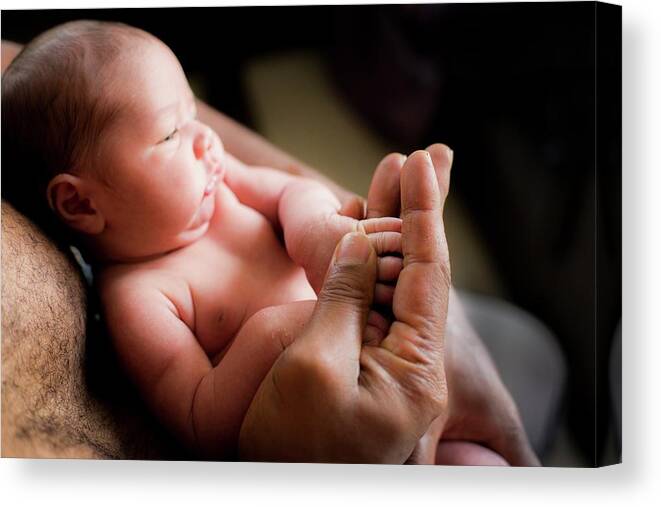 Human Canvas Print featuring the photograph Baby Boy Holding His Father's Hand by Samuel Ashfield
