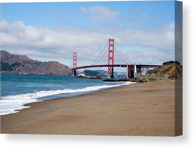 Water's Edge Canvas Print featuring the photograph Baker Beach And Golden Gate Bridge, San by Geri Lavrov