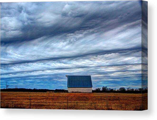 Kansas Canvas Print featuring the photograph Barn With the Blue Roof by Jean Hutchison