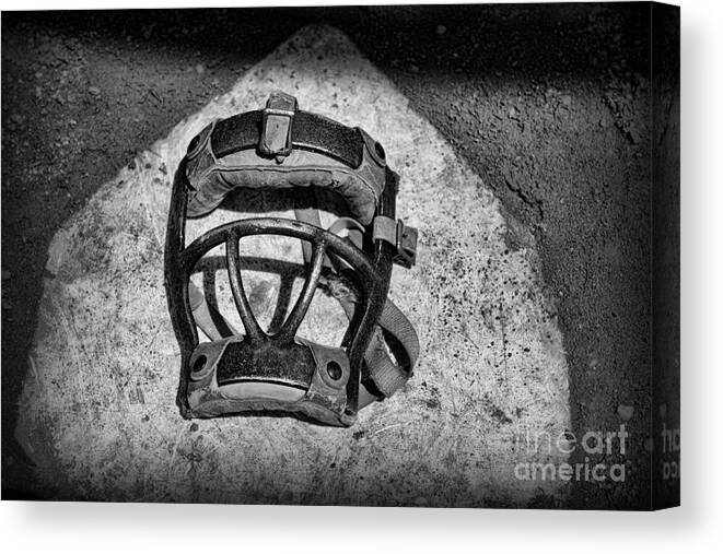 Paul Ward Canvas Print featuring the photograph Baseball Catchers Mask Vintage in black and white by Paul Ward