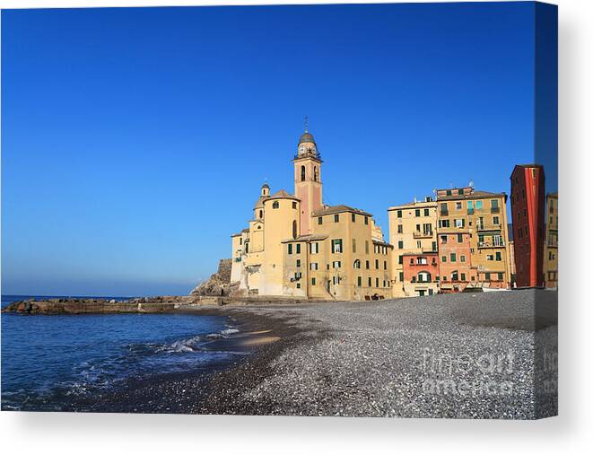 Ancient Canvas Print featuring the photograph beach and church in Camogli by Antonio Scarpi