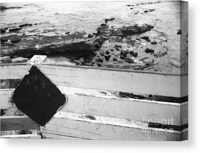 Sign Canvas Print featuring the photograph Beachside Warning Horizontal Grayscale by Heather Kirk