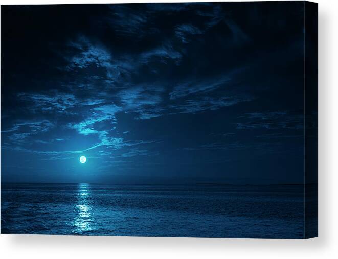 Saturated Color Canvas Print featuring the photograph Beautiful Midnight Ocean View With by Ricardoreitmeyer
