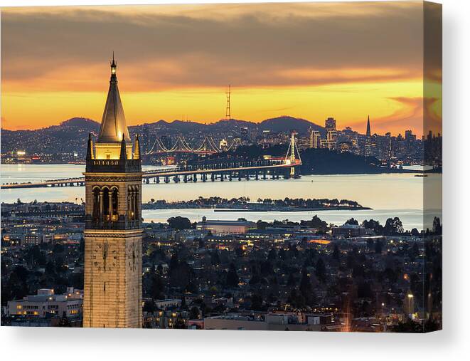 San Francisco Canvas Print featuring the photograph Berkeley Campanile With Bay Bridge And by Chao Photography