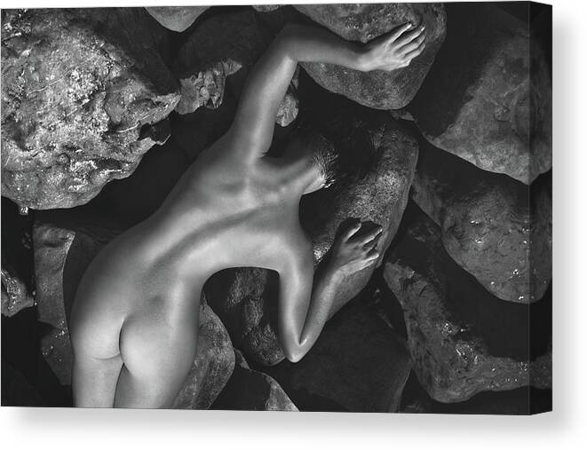 Fine Art Nude Canvas Print featuring the photograph Between The Stones by Alexander Pereverzov