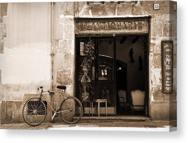 Bar Canvas Print featuring the photograph Bicycle and reflections at L'Antiquari bar by RicardMN Photography