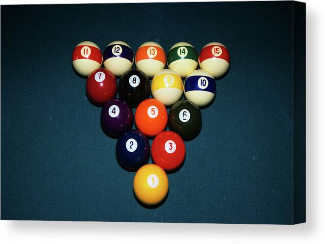 Photography Canvas Print featuring the photograph Billiard Balls Racked Up On Pool Table by Vintage Images