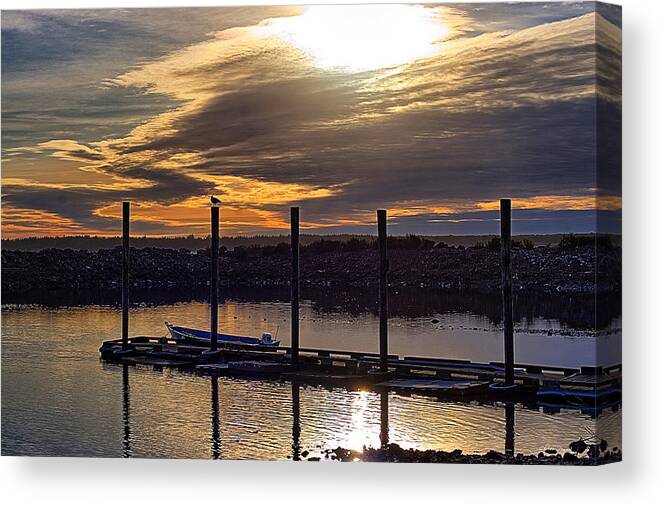 Sunset Canvas Print featuring the photograph Bird - Boat - Bay by Chriss Pagani
