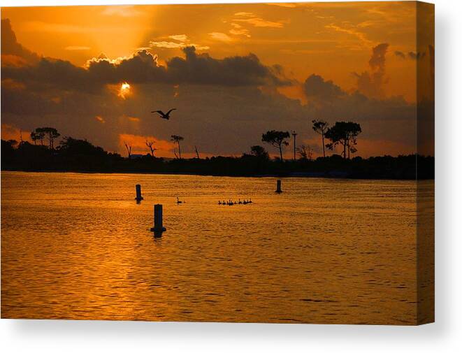 Alabama Canvas Print featuring the digital art Birds and Bouys Sunrise by Michael Thomas