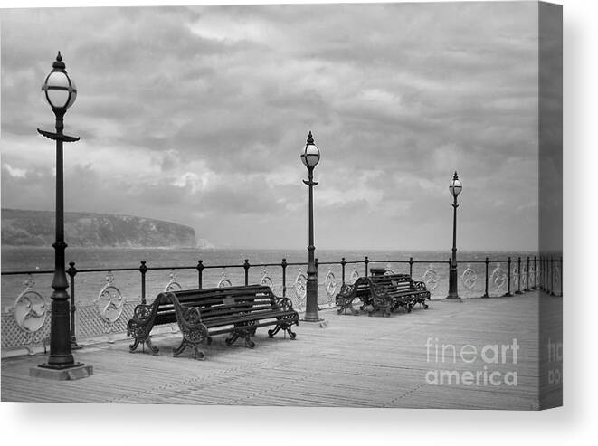 Coast Canvas Print featuring the photograph Black And White Swanage Pier by Linsey Williams