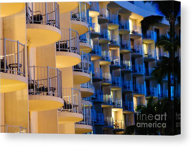 Hawaii Canvas Print featuring the photograph Blue and white hotel balcony abstract. by Don Landwehrle