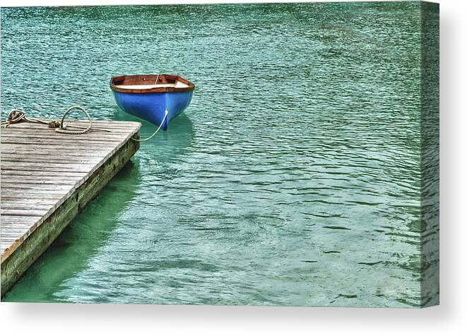 Blue Canvas Print featuring the digital art Blue Boat Off Dock by Michael Thomas