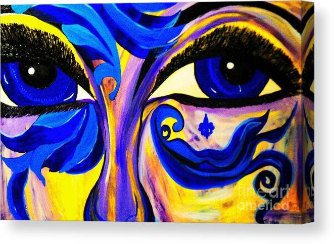 Eyes Blue Eyes See Look Tattoo Face Paint Stare Blue Yellow Piercing Gaze Canvas Print featuring the painting Blue Eyes by Saundra Myles