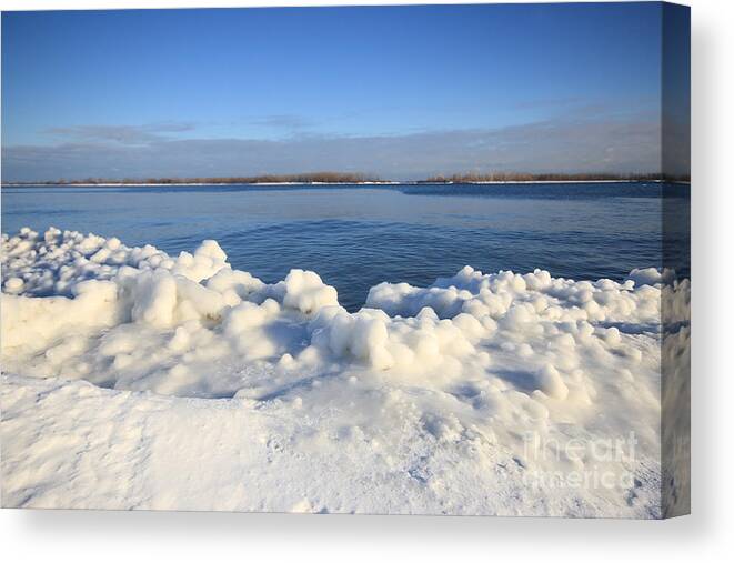 Winter Canvas Print featuring the photograph Blue Lake Ice Shore by Charline Xia