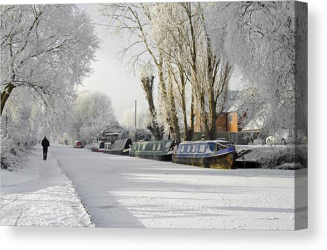 Burton On Trent Canvas Print featuring the photograph Boats on the Frozen Burton Canal by Rod Johnson