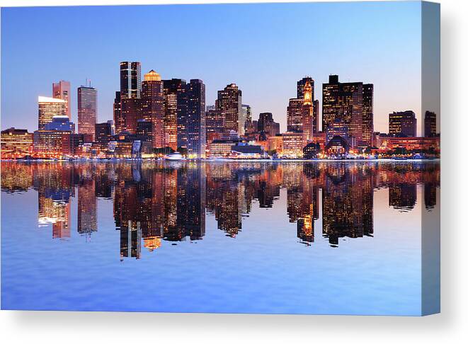 Water's Edge Canvas Print featuring the photograph Boston City With Water Reflection At by Buzbuzzer