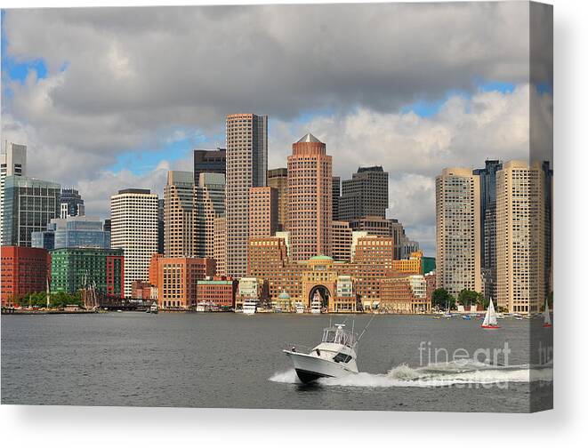 Boston Harbor Summer New England Massachusetts Beantown Nautical Speedboats Fishing Swimming Fun Family Vacation Skyscrappers Water Bay Waterfront Pier Piers Docks Dock Docked Busy Clouds Cloudy City Capital Urban Hub Canvas Print featuring the photograph Boston Harbor by Catherine Reusch Daley