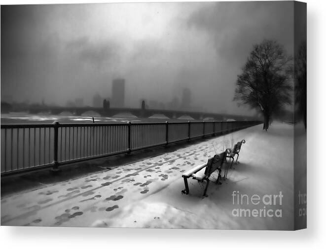 Snow Canvas Print featuring the photograph Boston Longfellow Bridge-Snow CityScape V3 by Douglas Barnard